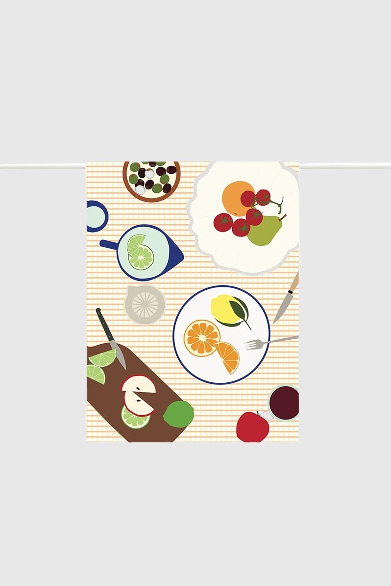 Otto's Corner Store - Father Rabbit | Fruit on Plates Linen Tea Towel