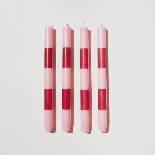 Otto's Corner Store - Four x Striped Candles - Pink + Maroon